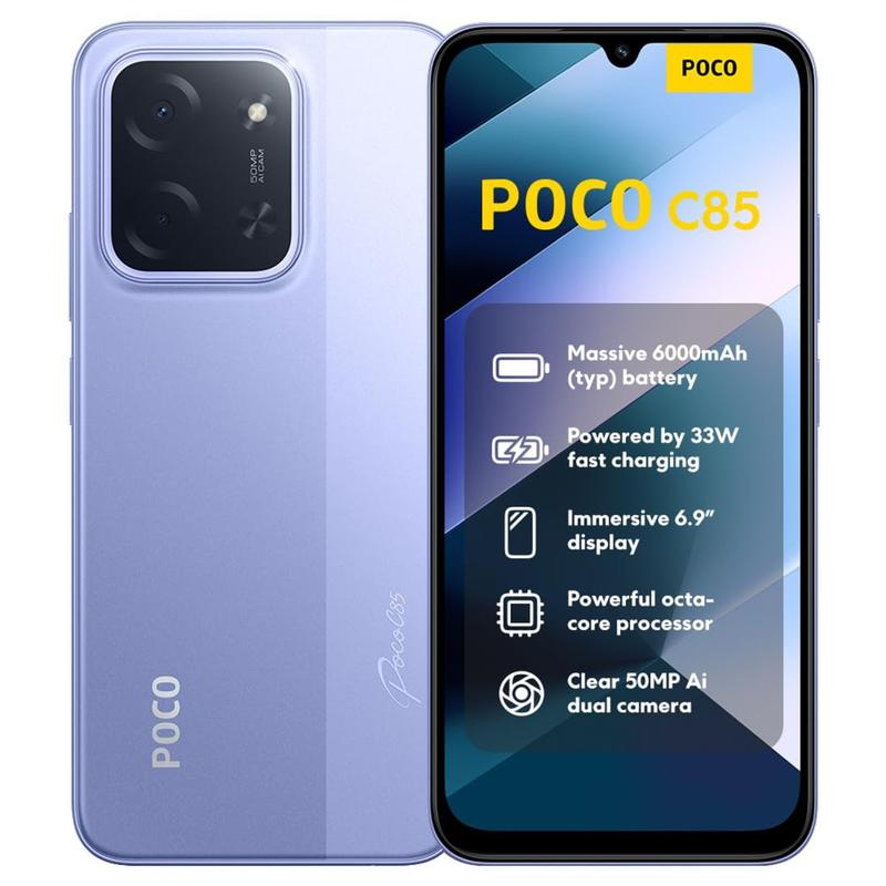 Celular POCO C85 Global 8GB RAM 256GB, Tela Grande 120Hz, Cor Roxo